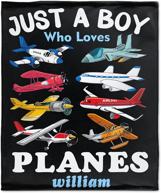 Custom Airplane Blanket for Boys Kids Child Toddler Just A Boy Who Loves Planes Blanket Warm Plush Fleece Planes Throw for Bed Sofa Office Decor Custom Airplane Gifts Ideas 60"x80"-L