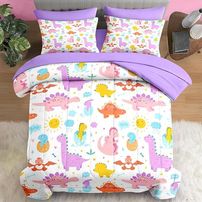 Comforter Set Twin Size, Cute Dinosaur 5 Pcs Bedding for Kids and Adults, Love Rainbow Happy Bed Sheet Sets with Fitted Sheet Pillowcase & Sham for Bedroom Bed Decor