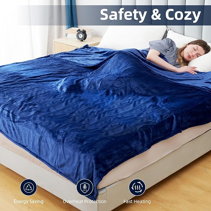 Electric Heated Blanket Throw Size 50" x 60", Super Cozy Soft Warmth with 6 Heat Levels & 3 Hours Auto Off, Home Office Use, Navy Blue