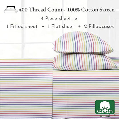 California Design Den Full Size Bed Sheets Set - 400 Thread Count Sateen, Natural 100% Cotton Sheets, Deep Pocket and Durable Bedding Set - Rainbow Striped