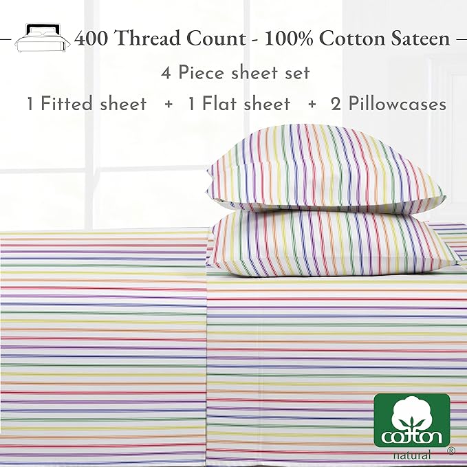 California Design Den Striped Queen Sheet Set - 400 Thread Count Sateen, Natural 100% Cotton Sheet Set Queen Size, Deep Pocket and Durable Bedding - Rainbow Striped