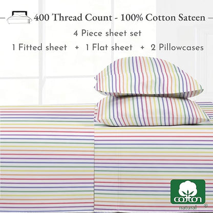 California Design Den Striped Queen Sheet Set - 400 Thread Count Sateen, Natural 100% Cotton Sheet Set Queen Size, Deep Pocket and Durable Bedding - Rainbow Striped
