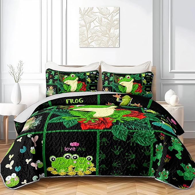 AILONEN 3-Piece Frog Green Quilt Set Full, Flower Animal Design for Kids Boys Girls,Breathable Soft Quilt Bedspread Bed Cover for All Season, 1 Quilt and 2 Pillowcases