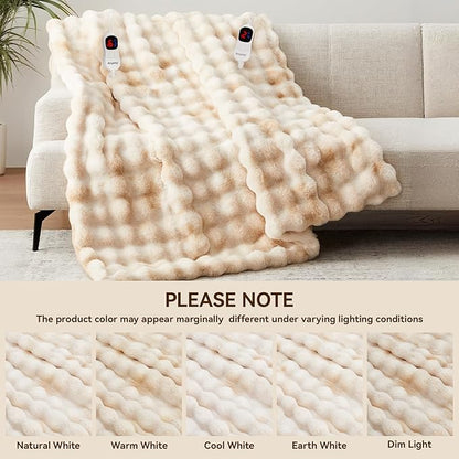 Heated Blanket King Size with 1/2/4/6/8 Hours Auto-Off 10 Heat Level, 90'' * 100'' Cozy Faux Rabbit Fur Bubble Electric Blanket with Overheat Protection(Tie-Dye Beige)
