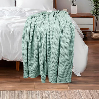 HILLFAIR 100% Combed Cotton Blanket– Queen Size Bed Blanket– Warm Soft All Season Breathable Lightweight Summer Blankets– Waffle Weave Home Decor Bed Blanket- Sage Queen Bed Cotton Blankets/Bedcover