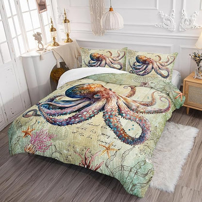 Retro Octopus Comforter Set Queen Size 3Pcs Nautical Coastal Compass Bedding Set Starfish Jellyfish Seaweed Quilt Bed Set for Boys Girls with 1 Comforter and 2 Pillowcases