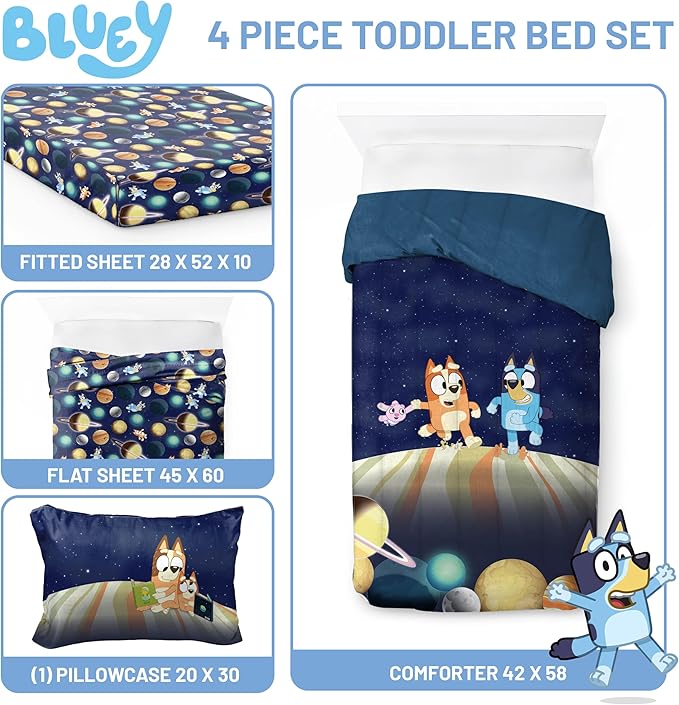 Jay Franco Kids Comforter Set Includes Sheets and Pillow Covers - Soft and Cozy Bed Set for Stylish Room Decor, Blue - Bluey & Bingo, 4 Piece Toddler