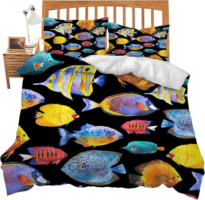 Ocean Tropical Fish Theme 3 Pieces Duvet Cover Comforter Set with 2 Pillowcase Queen Size Sea Nautical Fishing Bed Sheet Quilt Bedroom Bedding for Lover Kids