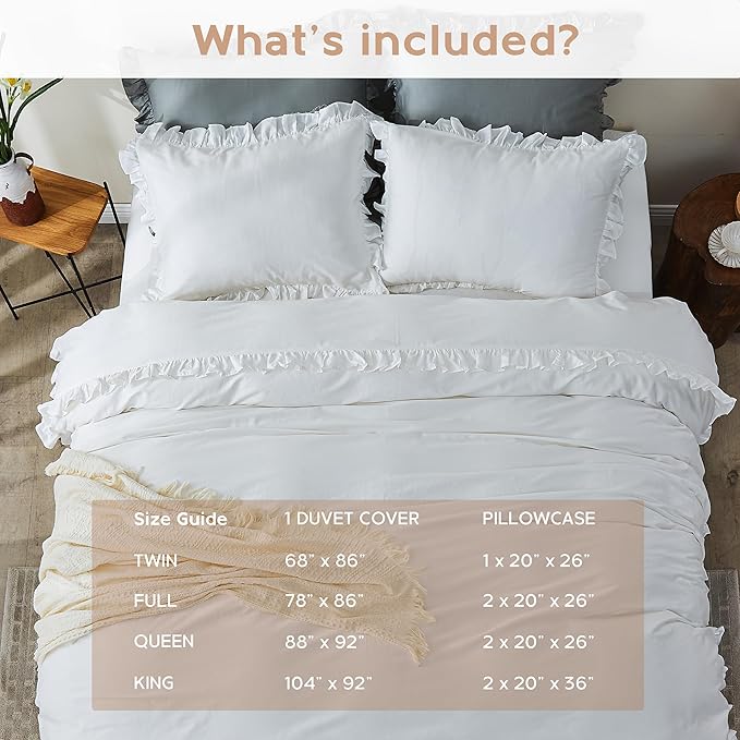 Simple&Opulence Kids 100% Organic Cotton Queen Duvet Cover Ruffle 3Pcs(1 Comforter Cover 2 Pillowcases) Cute Lace Vintage Boho Shabby Chic Farmhouse Bedding Set Teen Girls(White, Queen)