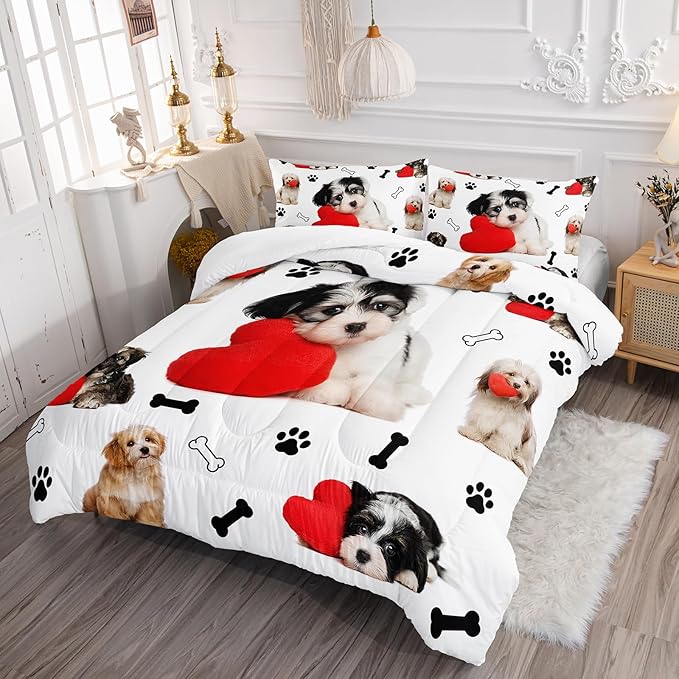 Cute Dog Comforter Set, Cartoon Paw and Bone Print Bedding Home Decor, Pet Puppy White Comforter Full Size
