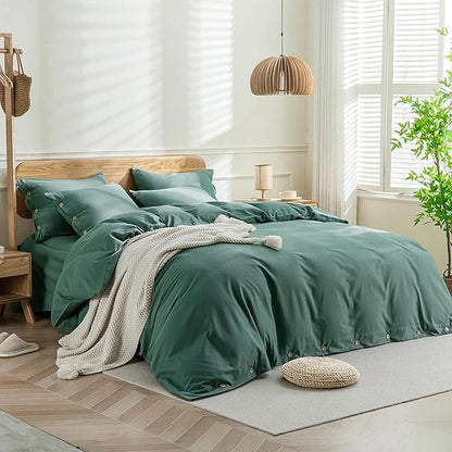 JELLYMONI Cotton Duvet Cover King Size - Dark Green Comforter Cover with Button 100% Washed Cotton 3PCS Breathable Soft Solid Bedding Set Duvet Cover 104×90in & 2 Pillowcases (NO Comforter)