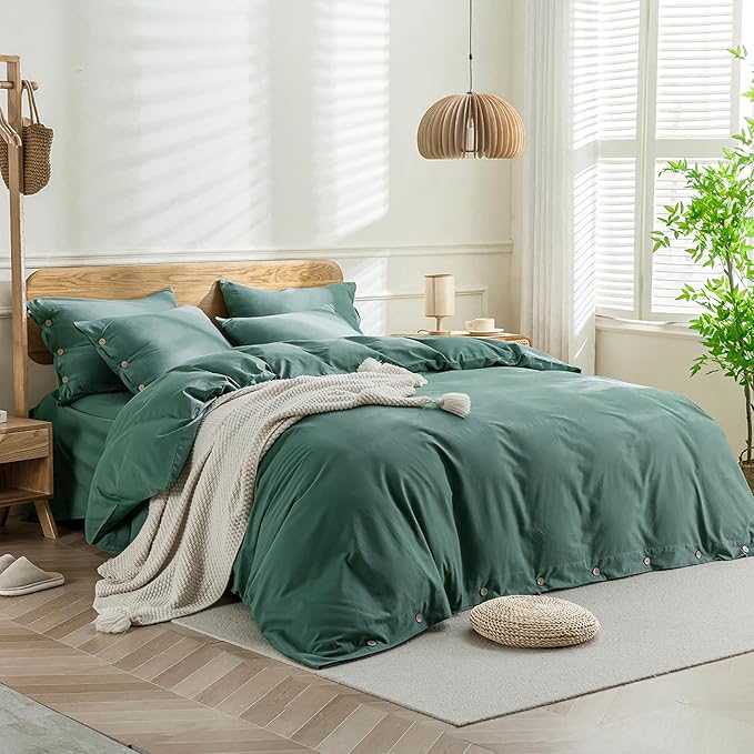 JELLYMONI Cotton Duvet Cover Cal King Size - Dark Green Comforter Cover with Button 100% Washed Cotton 3PCS Breathable Soft Solid Bedding Set Duvet Cover 104×98in & 2 Pillowcases (NO Comforter)