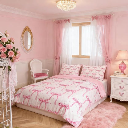 Cartoon Bowknot Girls Duvet Cover Set King Size Kids Bow Tie Princess Bedding Sets 3Pcs for Child Girly Woman Room Decor, Butterfly Knot Comforter Cover with 2 Pillowcases (No Comforter) Pink