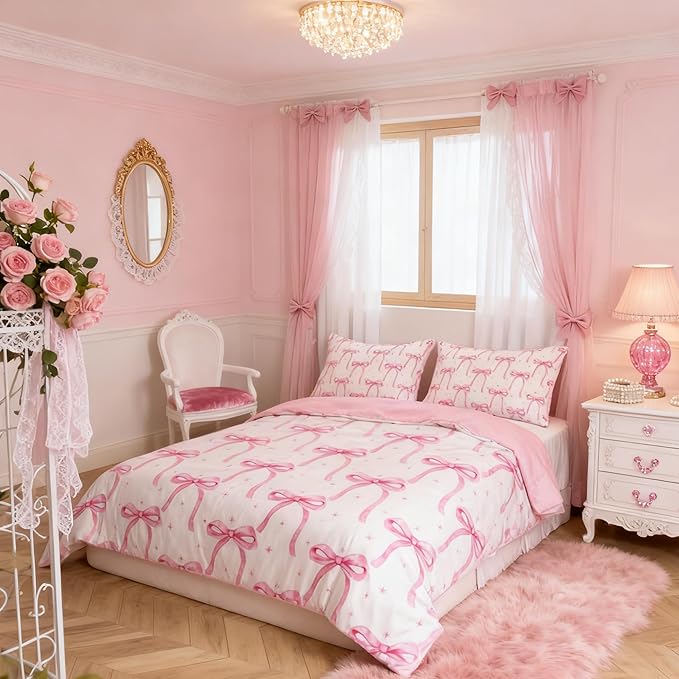 Cartoon Bowknot Girls Duvet Cover Set Twin Size Kids Bow Tie Princess Bedding Sets 2Pcs for Child Girly Woman Room Decor, Butterfly Knot Comforter Cover with 1 Pillowcase (No Comforter) Pink