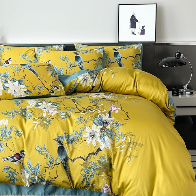 Floral Queen Duvet Cover 100% Soft Cotton 3 Piece Chic Birds Queen Flower Bedding Set Yellow Garden Tree Branches Flowers Birds Print Pattern Reversible Duvet Cover Floral with Zipper Closure