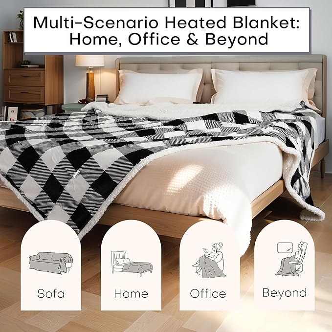 Electric Heated Blanket Full Size 72"x84" Microplush & Sherpa Fabric, Machine Washable 4 Heat Settings & 10 Hours Auto Off - Striped Check