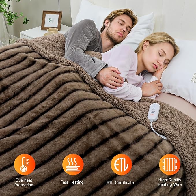 Heated Blanket Electric Throw- 50"x60" Soft Thick Faux Fur Electric Blanket for Sofa with 5 Heat Levels & 4 Hours Auto-Off Overheat Protection, Warm Cozy Gifts, Brown