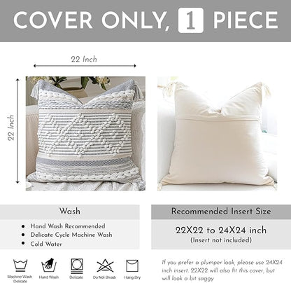 BlissBlush Gray Cream White Boho Throw Pillow Cover 22X22, Boho Woven Textured Pillow Cover, Neutral Pillow Cover, Sofa Couch Bed Farmhouse Lumbar Pillow (Cover ONLY)