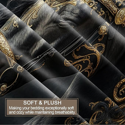 Black Horse Duvet Cover California King, Ancient Warhorses Bedding Set 3 Piece Bedroom Decor Noble Gold Foil Horse Comforter Cover with Zipper Ties & 2 Pillowcases