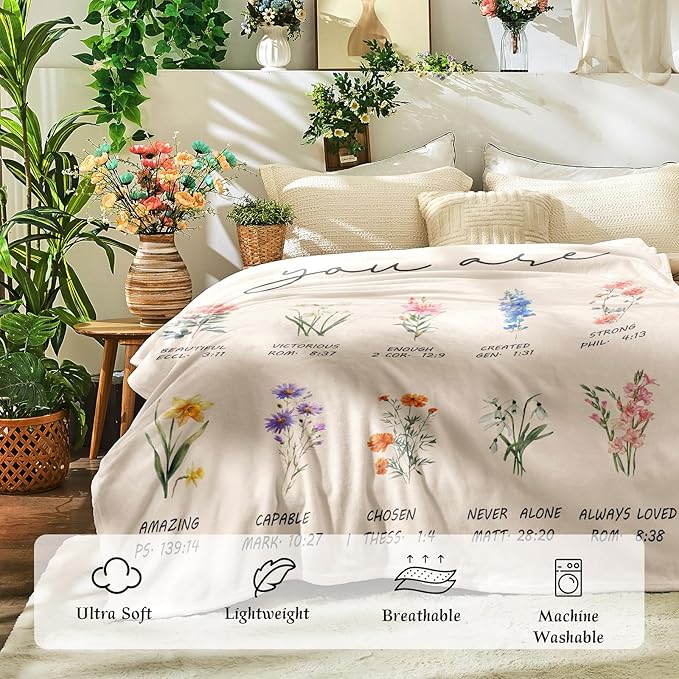 Christian Gifts for Women Religious Flowers Blanket Floral Throw Blanket Birthday Gifts for Women Inspirational Gifts Blanket for Girls, Friend, Mom 60" x 80"