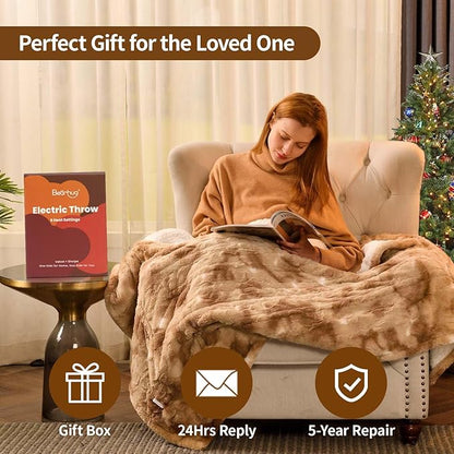 Bearhug Electric Blanket Twin Size 62" x 84", Faux Fur & Sherpa Heated Blanket, 10 Heating Levels & 1-12H Auto Off, Champagne, Over-Heat Protect, ETL Certification, Machine Washable