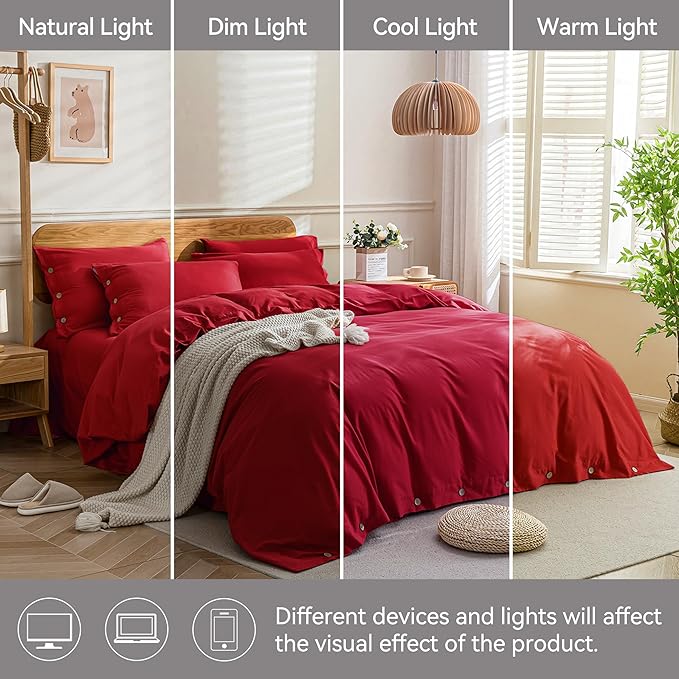 JELLYMONI Cotton Duvet Cover Full Size - Crimson Red Comforter Cover with Button 100% Washed Cotton 3PCS Breathable Soft Solid Bedding Set Duvet Cover 80×90in & 2 Pillowcases (NO Comforter)