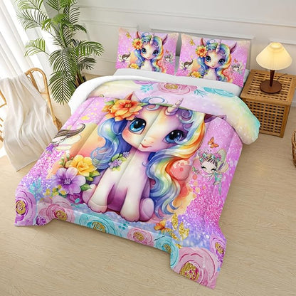 Cute Unicorn Comforter Set Twin for Girls Kids, Rainbow Unicorn Flower Print Galaxy Bedding Set,Soft Microfiber Cartoon Comforter Set with 2 Pillowcases,Toddler Bedding Set