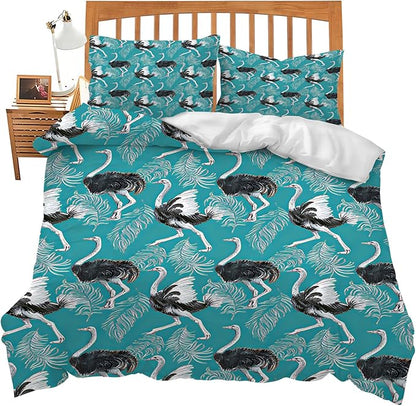 Ostrich Theme 3 Pieces Duvet Cover Comforter Set with 2 Pillowcase Queen Size Bird Bed Sheet Quilt Bedroom Bedding for Lover Kids