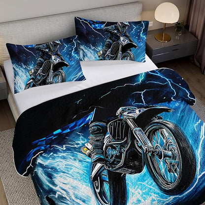 Blue Motorcycle Racing Motocross Rider Quilt Bedding Full 3Pcs Extreme Sport Flag Bed Set Thunder Lightning Pattern Bedspread Coverlet with 2 Pillowcases for Kid Boy Girl Teen Adult Room Decor
