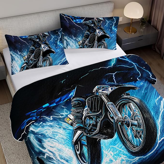 Blue Motorcycle Racing Motocross Rider Quilt Bedding King 3Pcs Extreme Sport Flag Bed Set Thunder Lightning Pattern Bedspread Coverlet with 2 Pillowcases for Kid Boy Girl Teen Adult Room Decor
