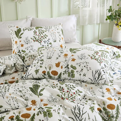 Duvet Cover Queen Size - 100% Cotton Reversible Floral Queen Duvet Cover Set with Zipper Closure, 3 Pieces Soft & Breathable Green Bedding Set for All Seasons