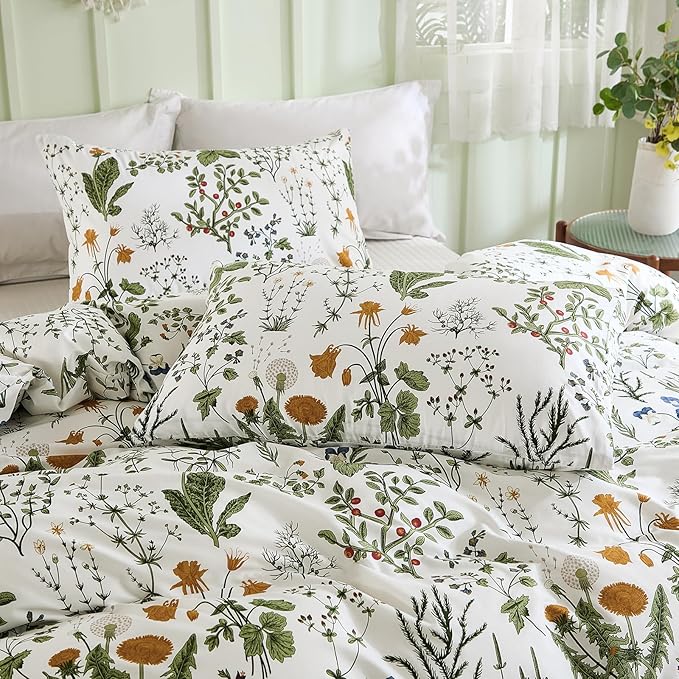 Duvet Cover King Size - 100% Cotton Reversible Floral King Duvet Cover Set with Zipper Closure, 3 Pieces Soft & Breathable Green Bedding Set for All Seasons
