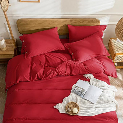JELLYMONI Cotton Duvet Cover Queen Size - Crimson Red Comforter Cover with Button 100% Washed Cotton 3PCS Breathable Soft Solid Bedding Set Duvet Cover 90×90in & 2 Pillowcases (NO Comforter)