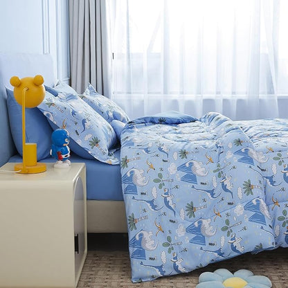 Mooreeke Kids Twin Comforter Sets for Boys 6 Pieces Dinosaur Blue Bedding Set for Teens Soft Microfiber Kids Bed in A Bag with Comforter, Sheet Set, Shams and Decorative Toy Pillow All Season