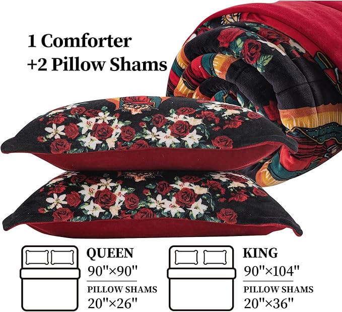 Petrichor Virgin Mary Guadalupe Velvet Flannel King Comforter Set-Luxury Fuzzy Heavy Bedding Set, 3 Pieces Plush Winter Bed Set with Comforter (90"x104") & 2 Pillow Shams(20"x36")