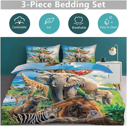 Funny Animals Bedding Set 3 Pieces Soft Lightweight Microfiber Zoo Print Bedspread Coverlet Set Jungle Elephant Giraffe Duvet Cover Twin Full Queen King Comforter Bed Set for Girls Boy Women Men