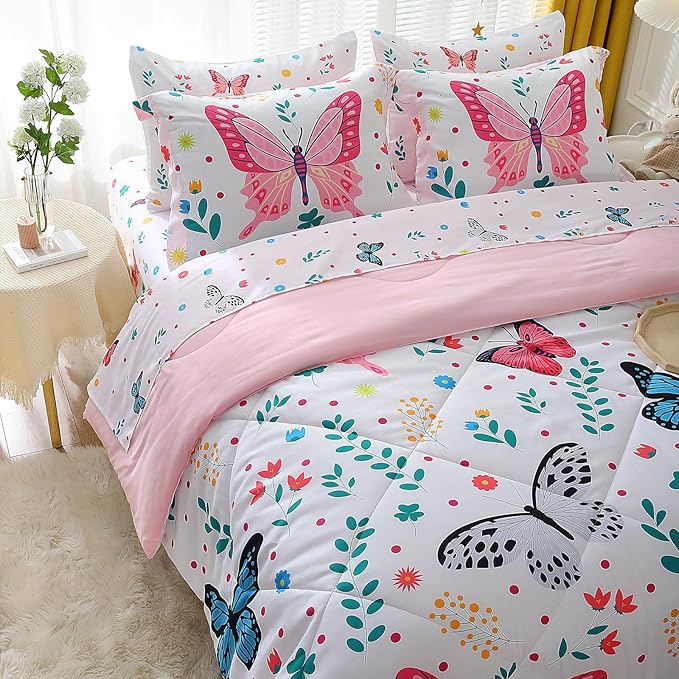 Wajade Butterfly Full Size Comforter Set for Girls Kids Adult Bedding Sets for Girls 7 Pieces Bed in a Bag Colorful Butterflies Flower Leaves Bedding Set All Season Lightweight