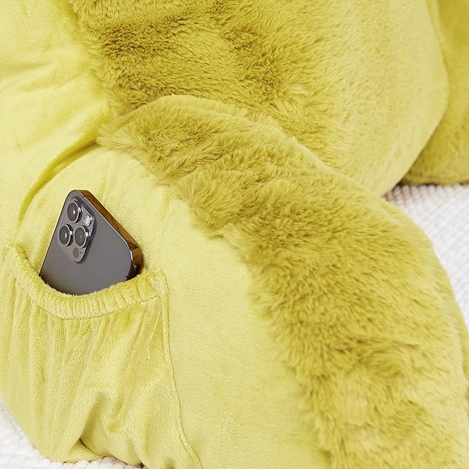 Plush Faux Fur Backrest Reading Bed Rest Pillow with Arms and Pockets for Sitting in Bed Couch Sofa, Back Support Wedge Cushion with Removable Cover, 20" x 18" x 17", Mustard Yellow