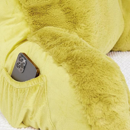 Plush Faux Fur Backrest Reading Bed Rest Pillow with Arms and Pockets for Sitting in Bed Couch Sofa, Back Support Wedge Cushion with Removable Cover, 20" x 18" x 17", Mustard Yellow
