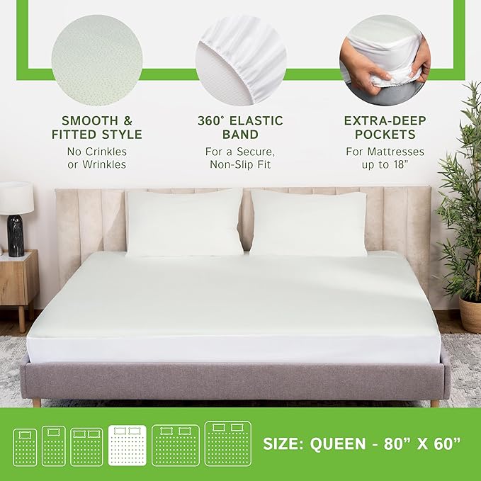 Four Seasons Essentials Queen Size Waterproof Mattress Protector - Cooling Viscose derived from Bamboo Fitted Sheet Mattress Cover - Quilted Jacquard Pad Protects from Dust Allergens