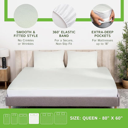 Four Seasons Essentials Queen Size Waterproof Mattress Protector - Cooling Viscose derived from Bamboo Fitted Sheet Mattress Cover - Quilted Jacquard Pad Protects from Dust Allergens