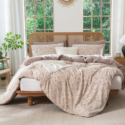 Floral Queen Duvet Cover Luxury Soft Brushed Microfiber Crinkle Gauze Fabric 3 Pieces Bedding Set Flower Pattern Queen Duvet Cover with Zipper Closure Breathable Comfy