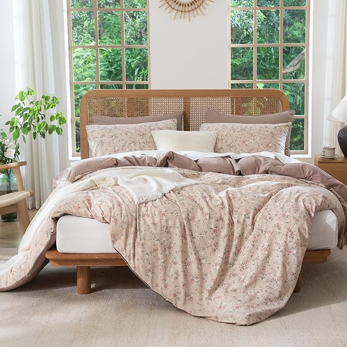 Duvet Cover King Size Floral Luxury Soft Brushed Microfiber Crinkle Gauze Fabric 3 Pieces Bedding Set Flower Pattern Duvet Cover King with Zipper Closure Breathable Comfy