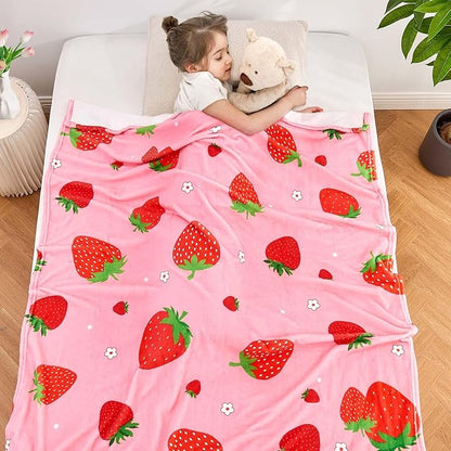 Pink Strawberry Kids Throw Blanket for Girls Teens Toddler Pink Soft Fuzzy Flannel Bed Blanket Birthday Gifts for Women Girls Kids Teens Adults, 60”x80”
