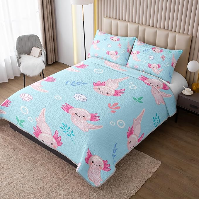 QOOMO Axolotl Quilt Set Full/Queen Size,Kawaii Salamander Bedspread Coverlet Set,Ocean 3Pcs Bedding Set Printed Quilt with 2 Pillowcases,Soft and Lightweight,for All Seasons