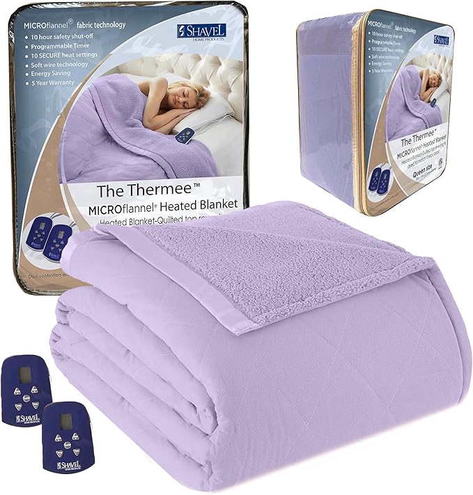 Thermee Micro Flannel Heated Blanket with Sherpa Back, 10-Setting Programmable Electric Blanket - Queen Size, Ultra-Soft Heated Throw - Lilac
