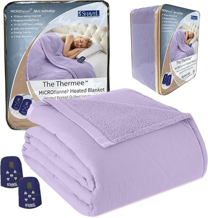 Thermee Micro Flannel Heated Blanket with Sherpa Back, 10-Setting Programmable Electric Blanket - Queen Size, Ultra-Soft Heated Throw - Lilac