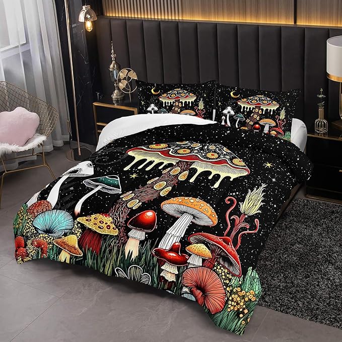 Kids Cute Mushroom Comforter 3Pcs Queen Natural Wild Botanical Fungus Bedding Set for Kid Teen Girl Boy Adult Plants Floral Moon Night Star Quilt Bed Decor with 1 Comforter and 2 Pillowcases
