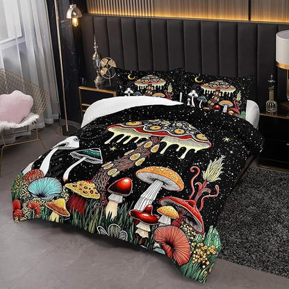 Kids Cute Mushroom Comforter 3Pcs Full Natural Wild Botanical Fungus Bedding Set for Kid Teen Girl Boy Adult Plants Floral Moon Night Star Quilt Bed Decor with 1 Comforter and 2 Pillowcases