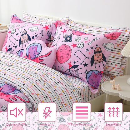 Mooreeke Kids Twin Comforter Sets for Girls 6 Pieces Cute Space Cat Bedding Set for Teens Microfiber Pink Kids Bed in A Bag with Comforter, Sheet Set, Shams and Decorative Toy Pillow All Season